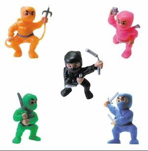 toy ninjas of various colors and weapons